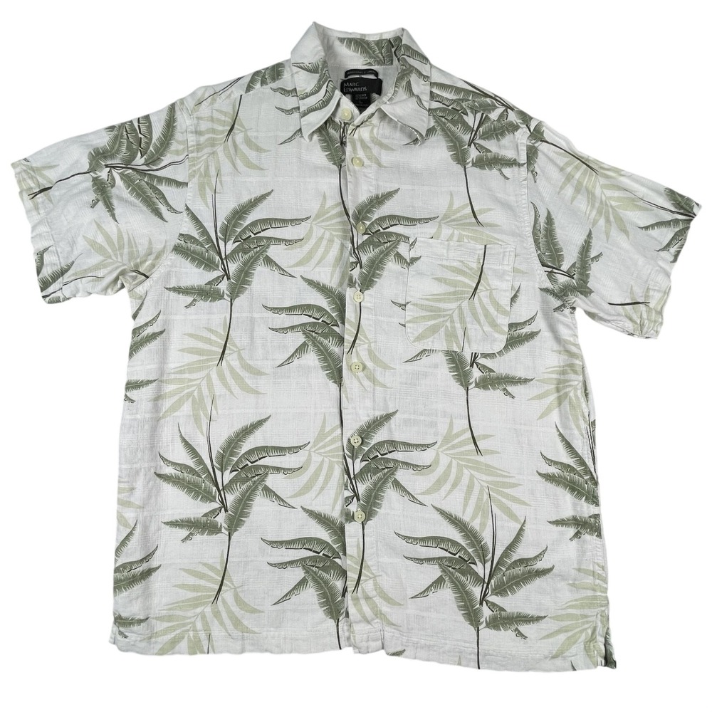 Marc Edwards Shirt Mens L White‎ Palm Leaf Tropical Linen Blend Button Up Casual